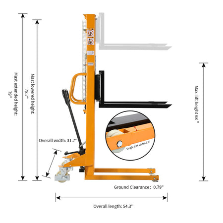 Manual Pallet Stacker Adjustable Forks, 1100-2200 lbs Capacity, 63" Lift Height - Apollo Forklift