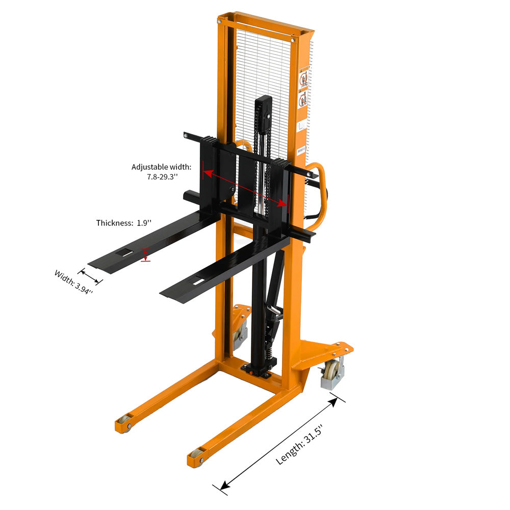 Manual Pallet Stacker Adjustable Forks, 1100-2200 lbs Capacity, 63" Lift Height - Apollo Forklift