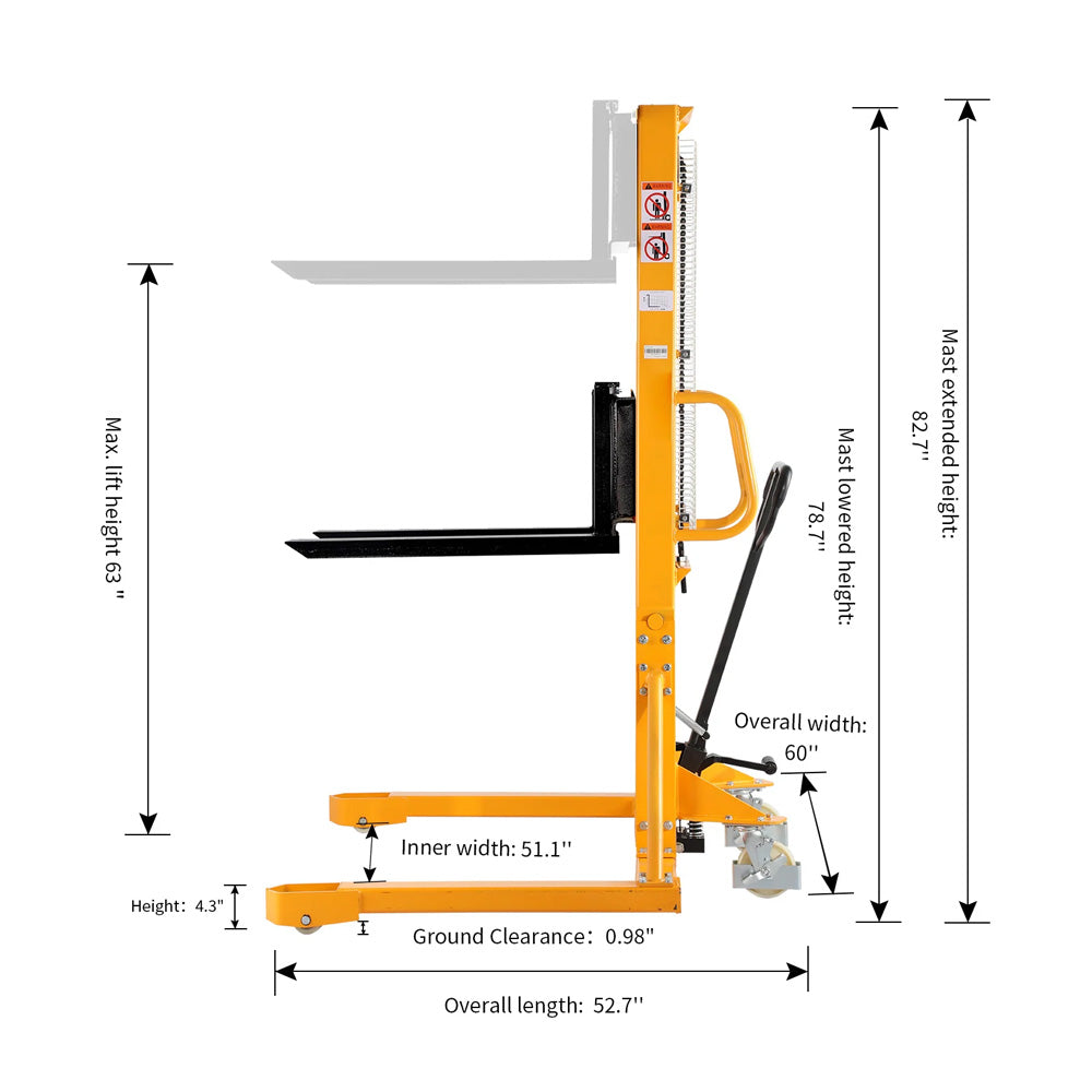 Straddle Legs Pallet Stacker, 1100-2200 lbs Capacity, 63" Lift Height - Apollo Forklift