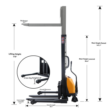 Semi-Electric Straddle Stacker, 3300 lbs Capacity, 118" Lifting Height - Apollo Forklift