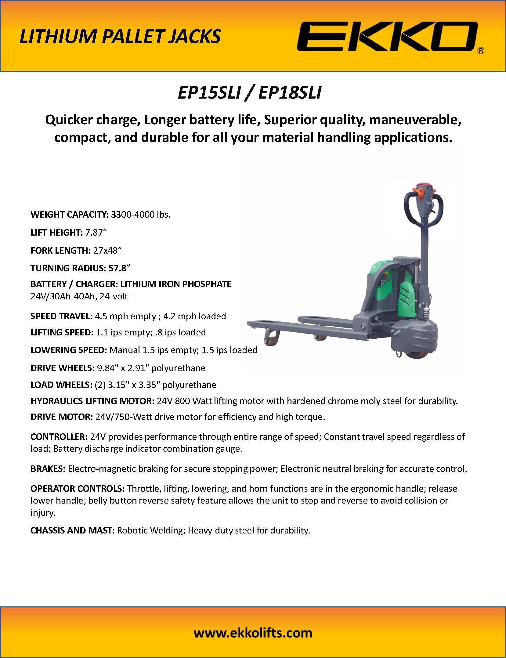 Lithium-Ion Pallet Jack 3300 lbs Capacity - Ekko Lifts