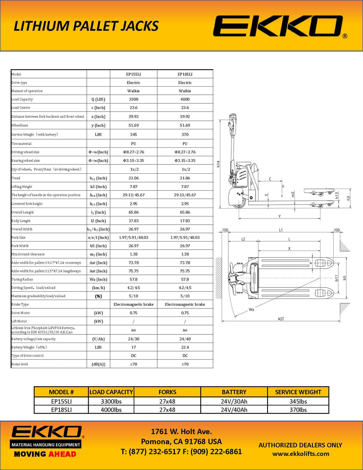 Lithium-Ion Pallet Jack 3300 lbs Capacity - Ekko Lifts