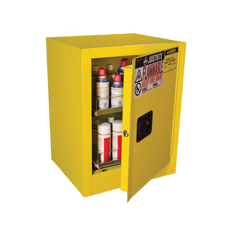 1 Door, Manual Close, 2 Drawers, 24 Can Benchtop Flammable Cabinet, Sure-Grip EX, Yellow - 890500 - Justrite