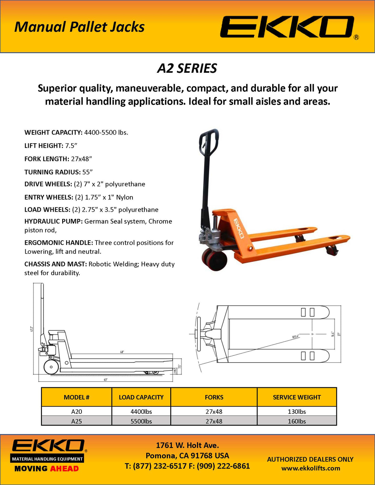 EKKO A25 Manual Pallet Jack 5500 lbs Capacity - Ekko Lifts