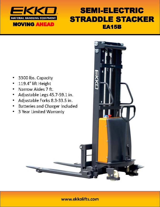 EKKO EA15B Semi-Electric Straddle Stacker - 119" Height - 3300 lbs Capacity - Ekko Lifts