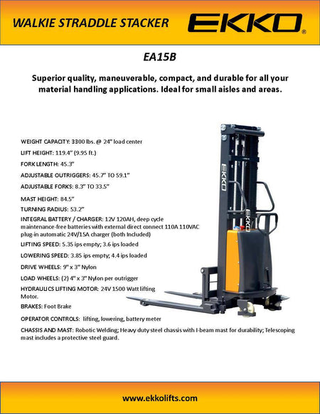 EKKO EA15B Semi-Electric Straddle Stacker - 119" Height - 3300 lbs Capacity - Ekko Lifts