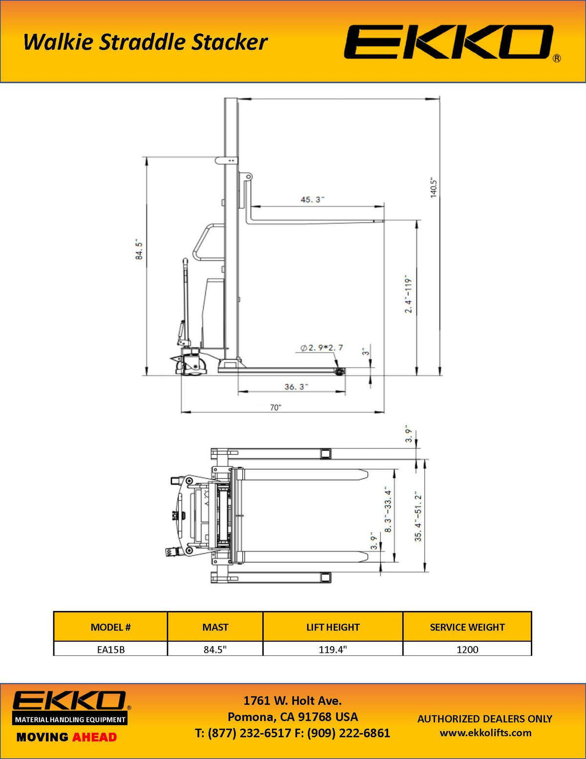 EKKO EA15B Semi-Electric Straddle Stacker - 119" Height - 3300 lbs Capacity - Ekko Lifts