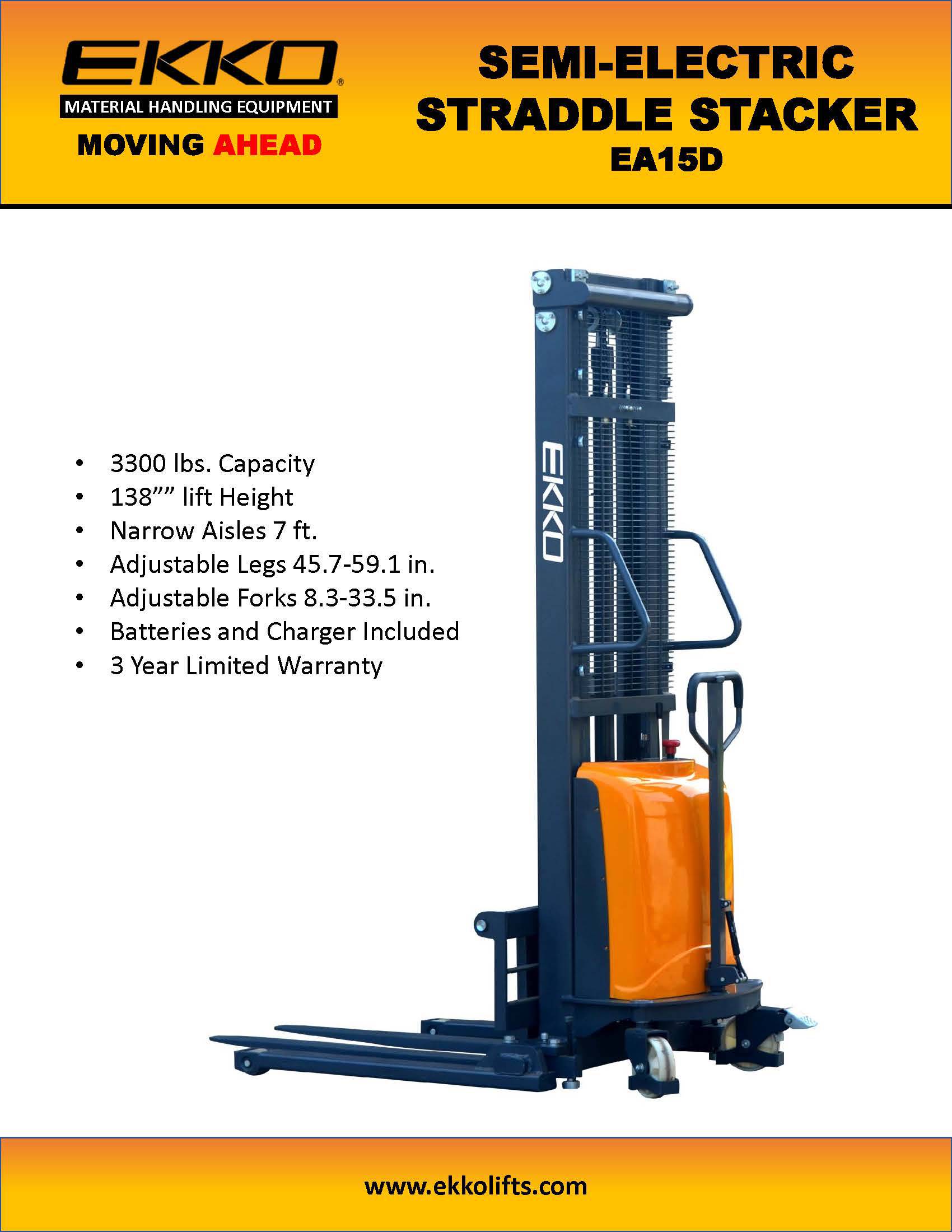 EKKO EA15D Semi-Electric Straddle Stacker - 138" Height - 3300 lbs Capacity - Ekko Lifts