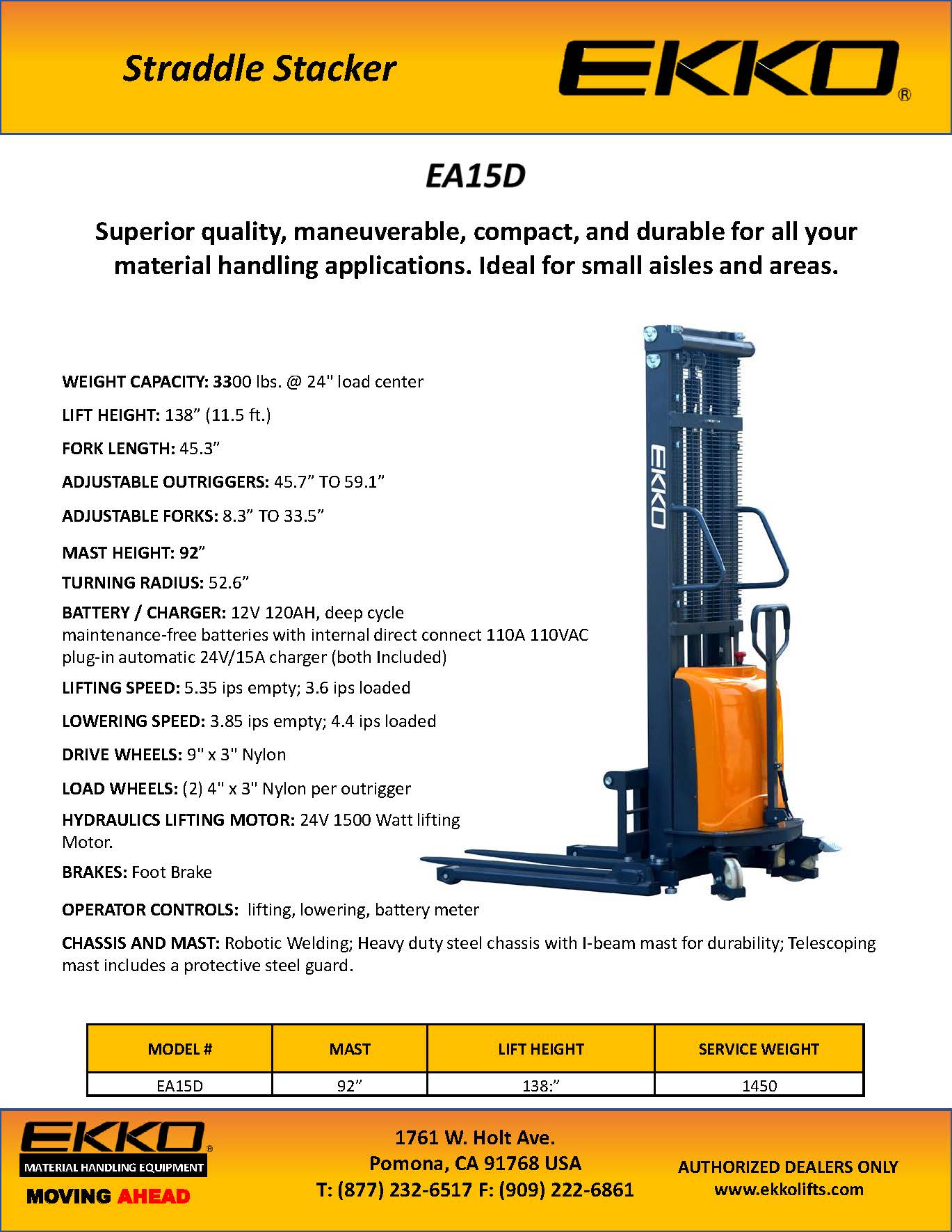 EKKO EA15D Semi-Electric Straddle Stacker - 138" Height - 3300 lbs Capacity - Ekko Lifts