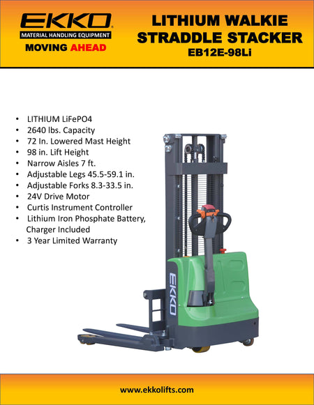 Lithium Ion Phosphate Straddle Stacker - 2640 lbs Capacity - Ekko Lifts