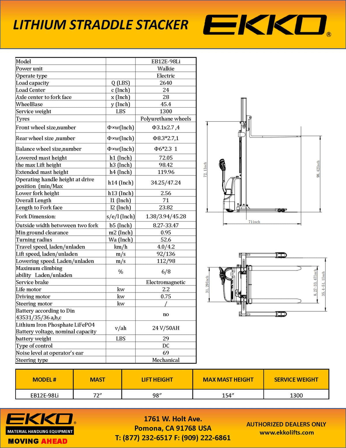 Lithium Ion Phosphate Straddle Stacker - 2640 lbs Capacity - Ekko Lifts