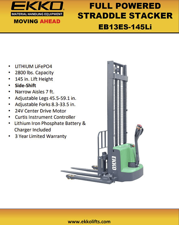 EKKO EB13ES-145LI Full Powered Straddle Stacker Side Shifting 2800 lb Capacity 145" Height - Ekko Lifts