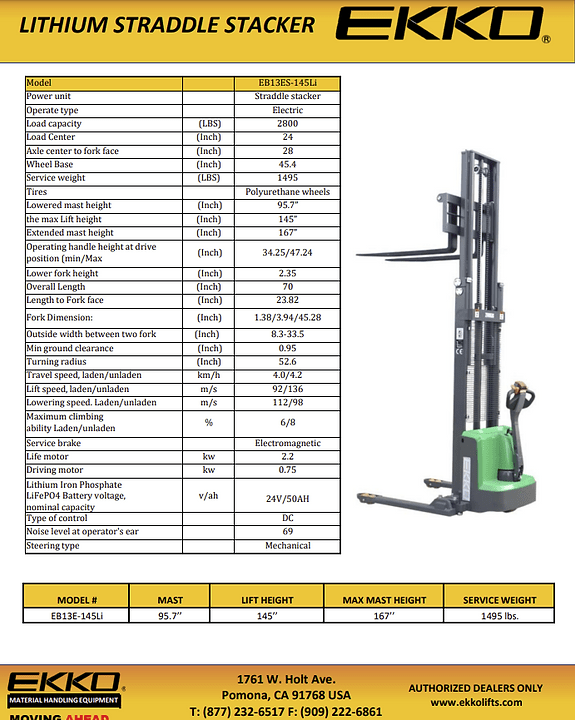 EKKO EB13ES-145LI Full Powered Straddle Stacker Side Shifting 2800 lb Capacity 145" Height - Ekko Lifts