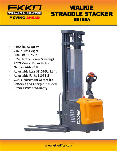 EKKO EB16EA Full Powered Straddle Stacker 4400 lbs Capacity 216" Height - Ekko Lifts