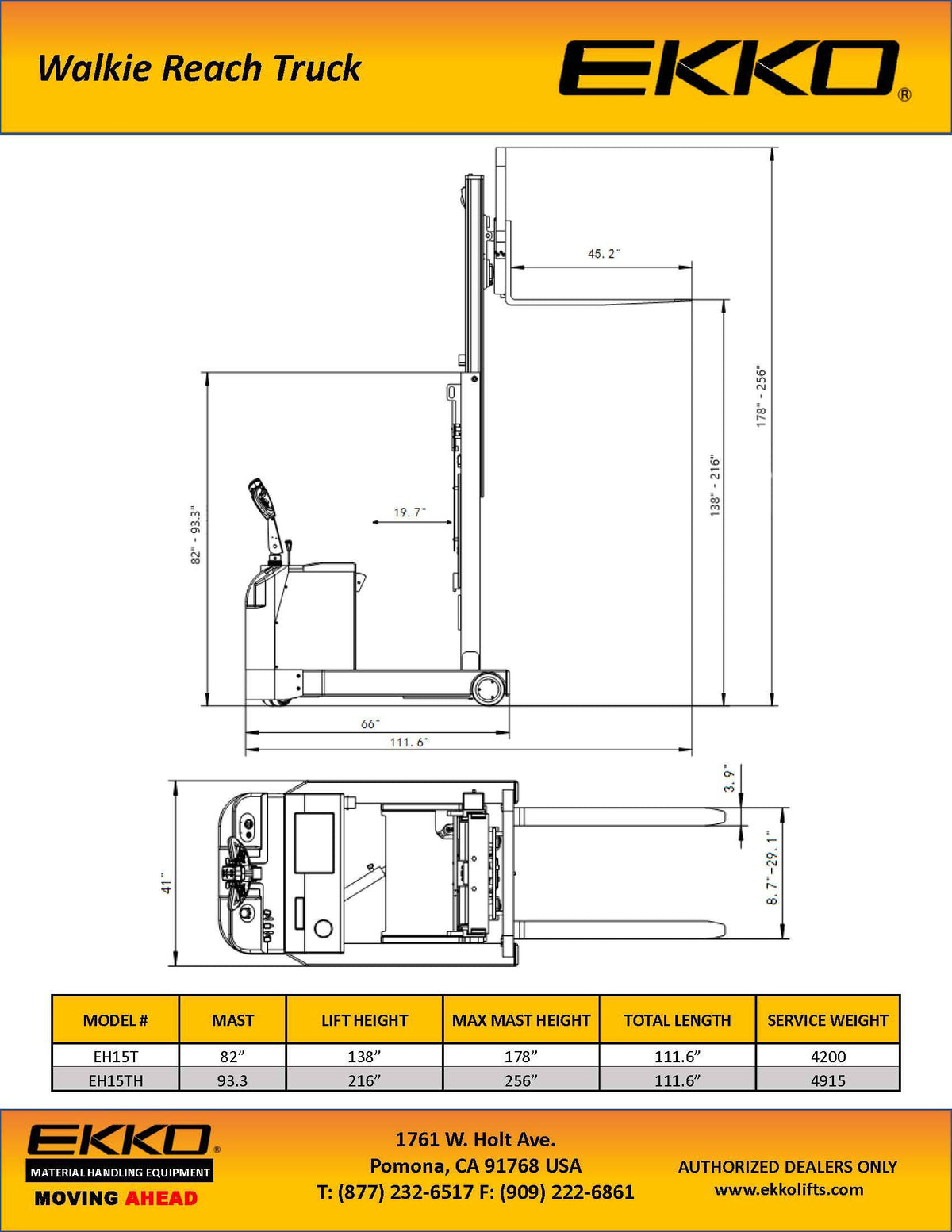 Moving Mast Walkie Reach Truck - 3300 lbs Capacity - Ekko Lifts