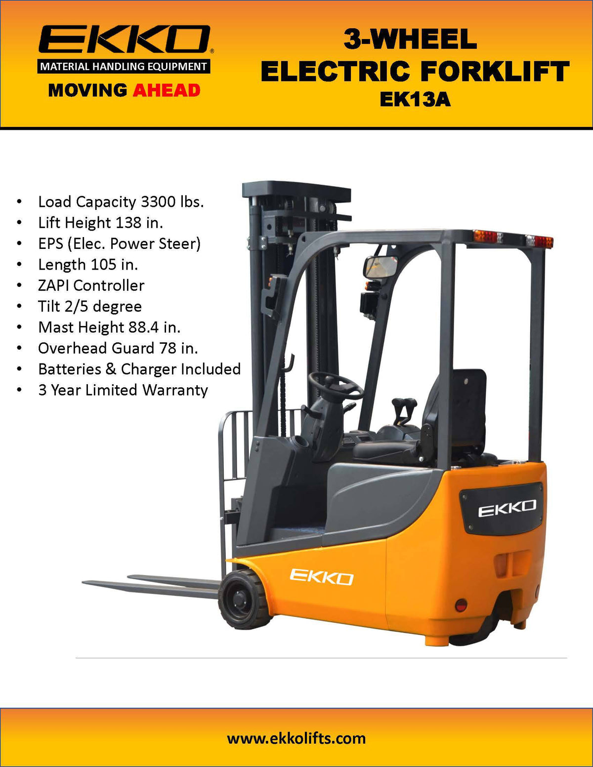 EKKO EK13A 3 Wheel Electric Forklift 138" Lift Ht., Side Shift - 3300 lbs Capacity - Ekko Lifts