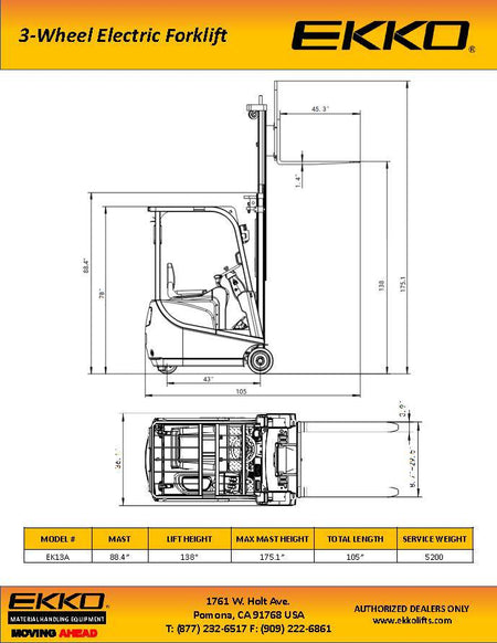 EKKO EK13A 3 Wheel Electric Forklift 138" Lift Ht., Side Shift - 3300 lbs Capacity - Ekko Lifts