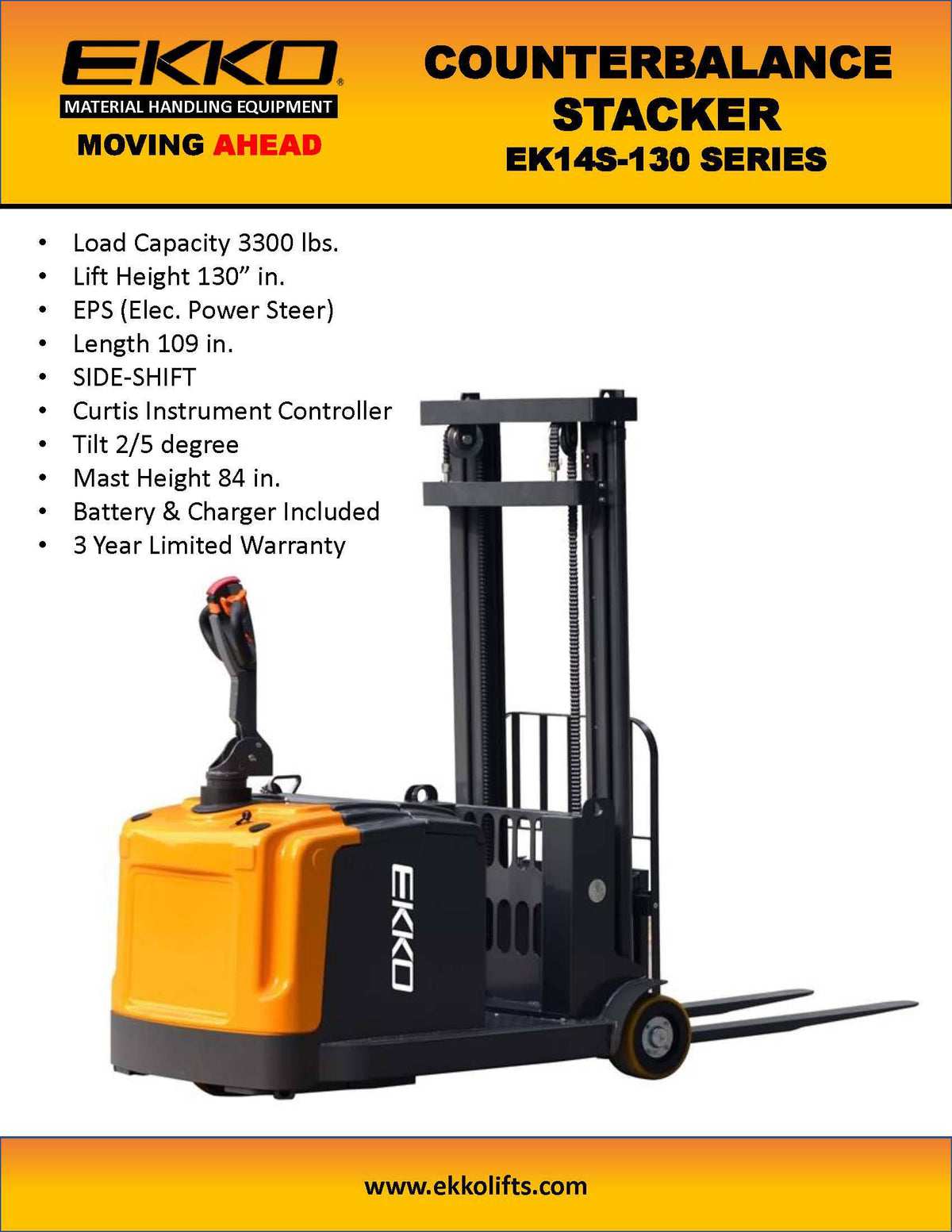 EKKO EK14S-130 Counterbalanced Walkie Stacker SIDE-SHIFTING - 3300 lbs Capacity - Ekko Lifts