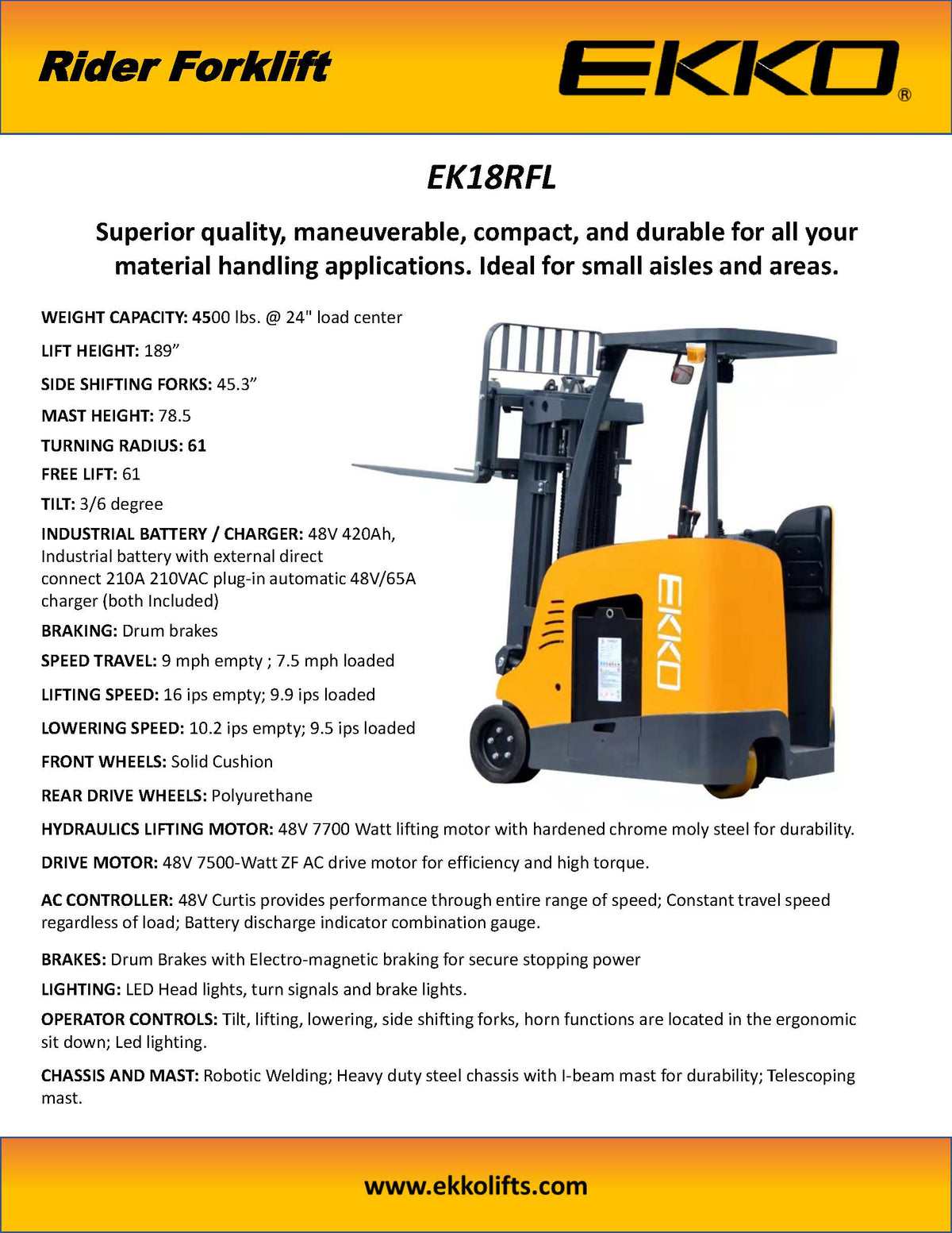 Stand-Up Rider Forklift - 4000 lbs Capacity - Ekko Lifts