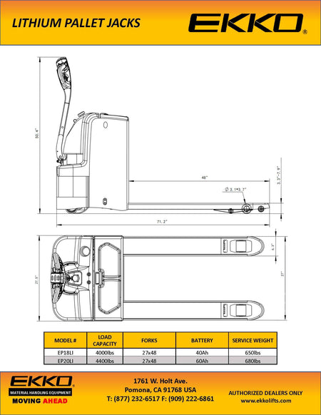 Lithium Ion Phosphate Powered Pallet Jack - 4400 lbs Capacity - Ekko Lifts